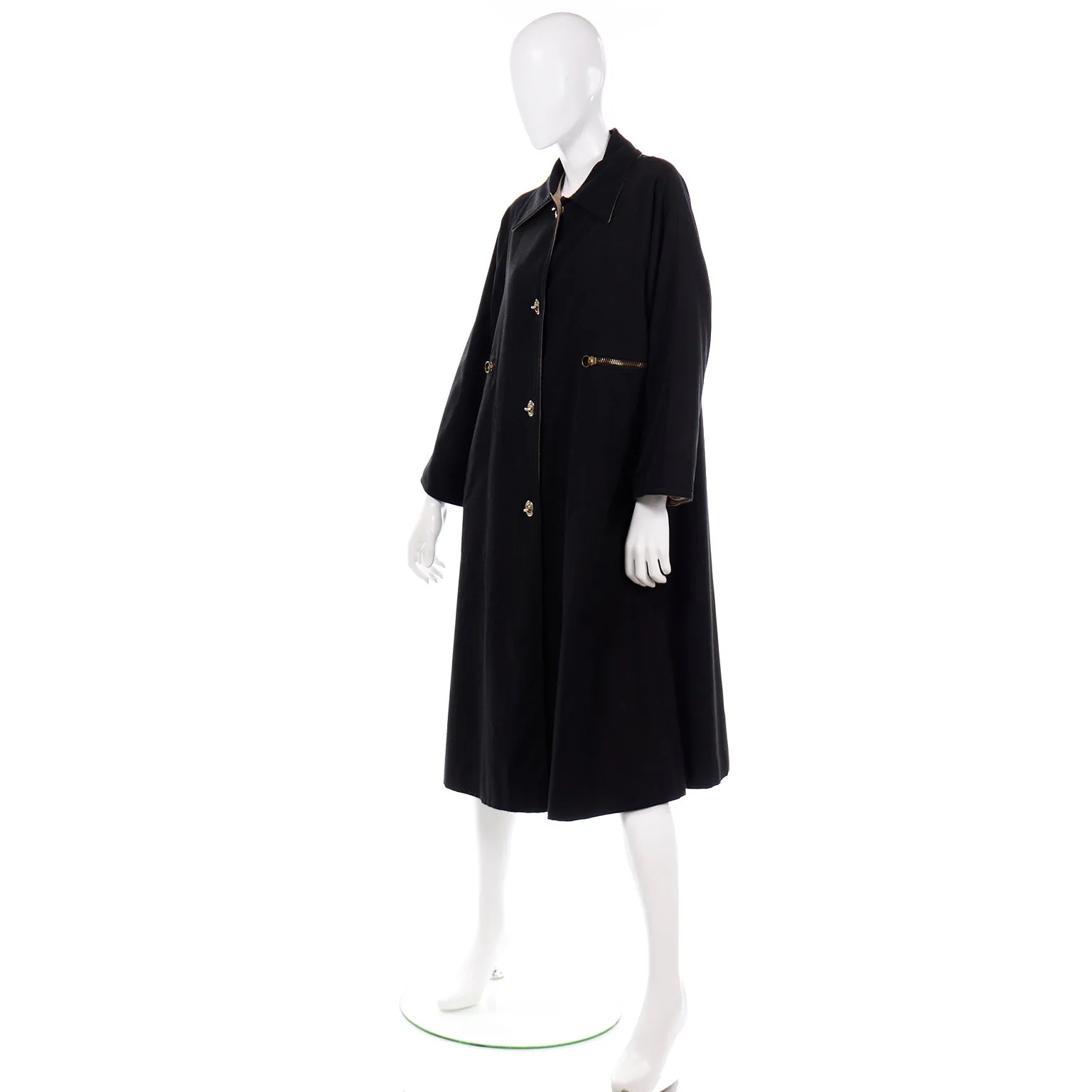 1970s Vintage Bonnie Cashin Black Coat All Weather Raincoat w Cashmere Lining