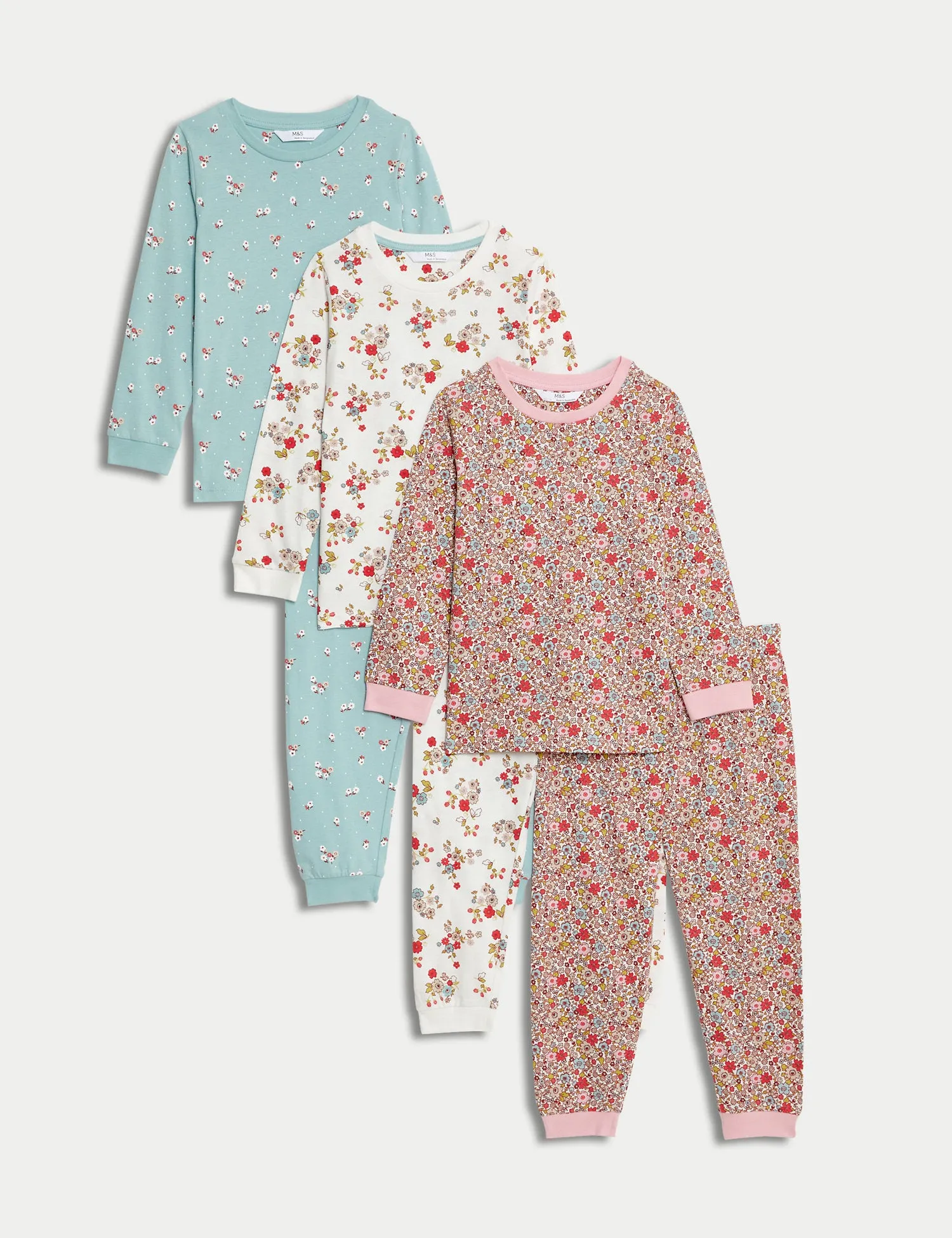 3pk Pure Cotton Floral Pyjama Sets