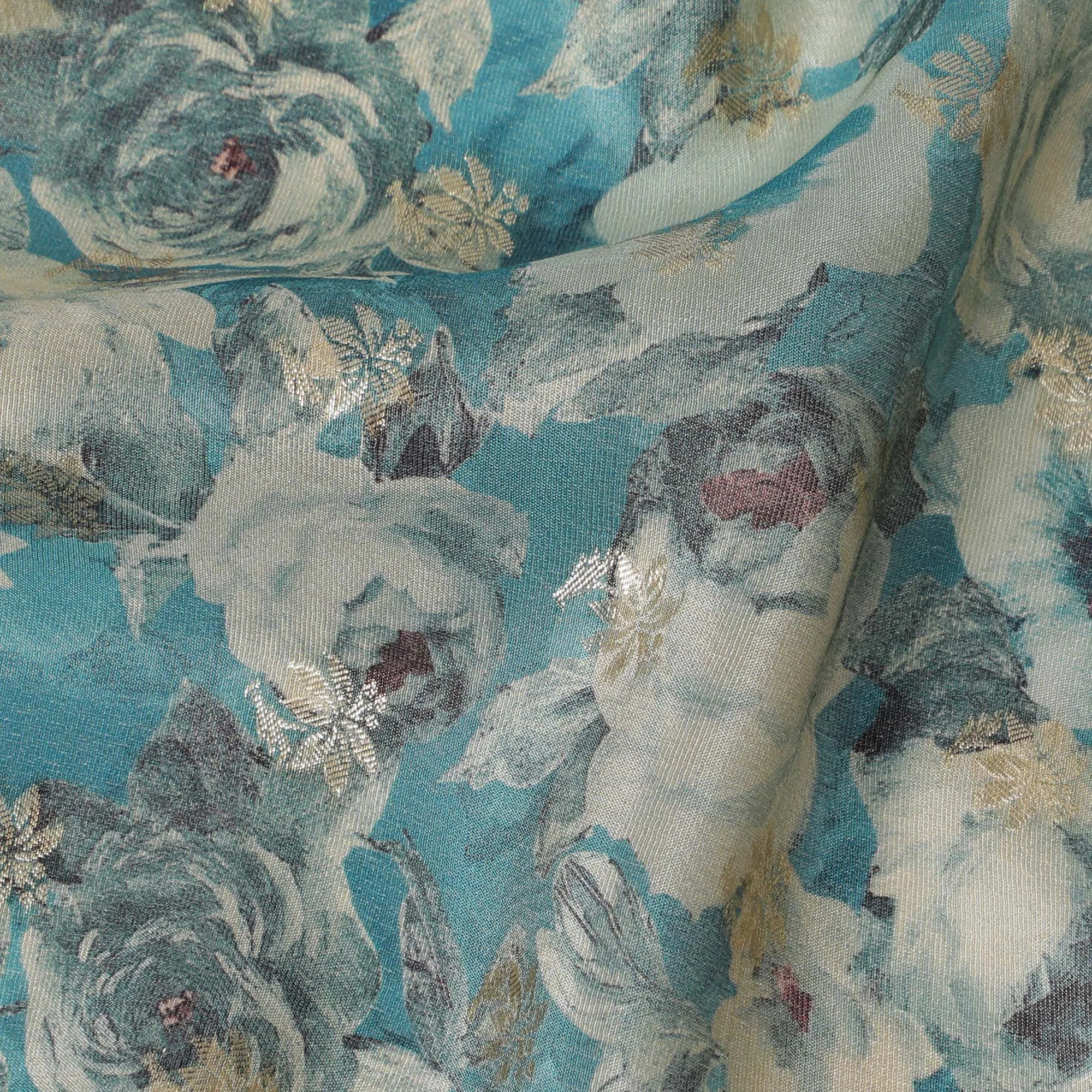 Aqua Blue & Grey Floral Viscose Digital Printed Fabric - Soft & Lightweight, 110 cm Width-D20261