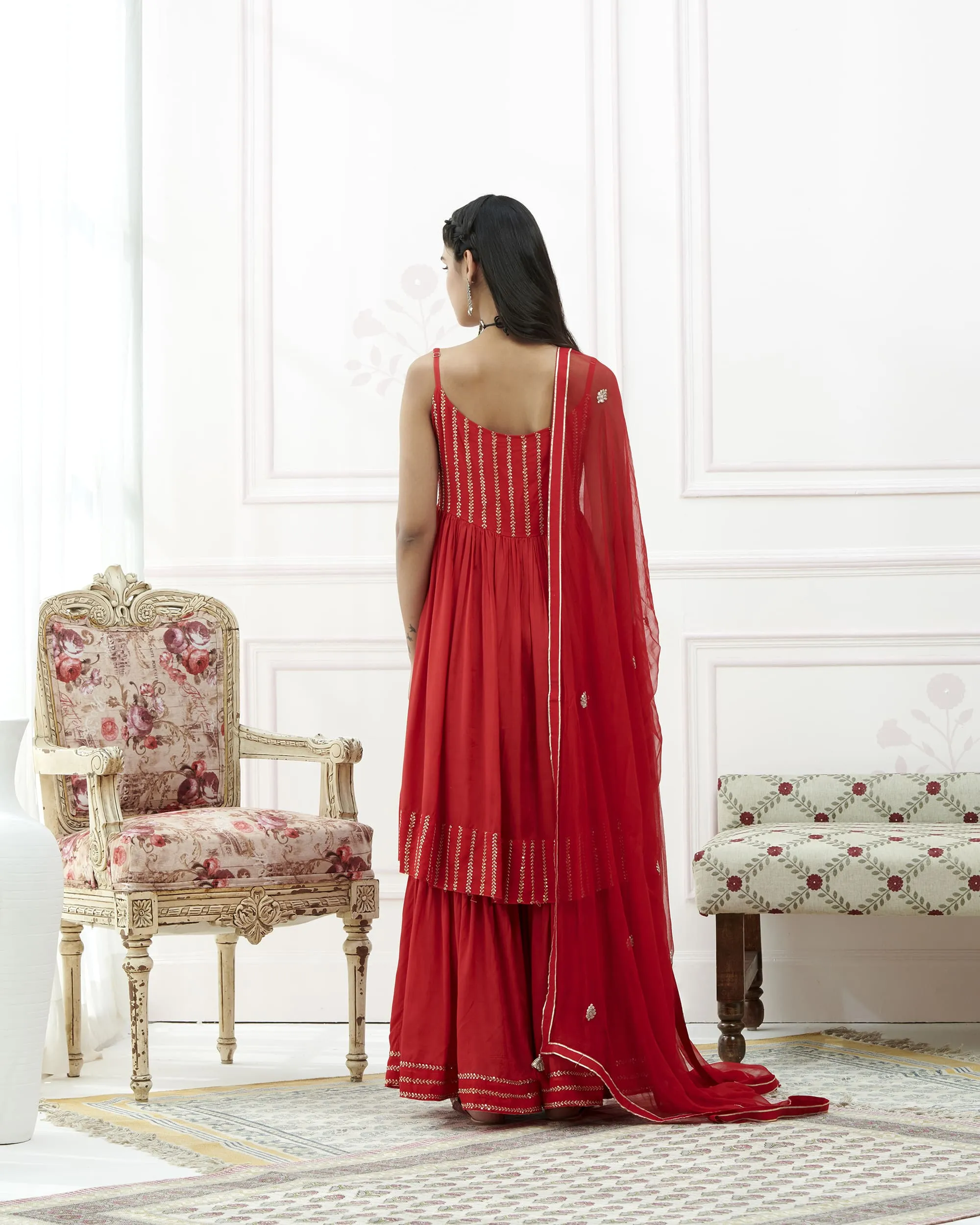 Art Silk Emb Red Sharara Set With Georgette Dupatta