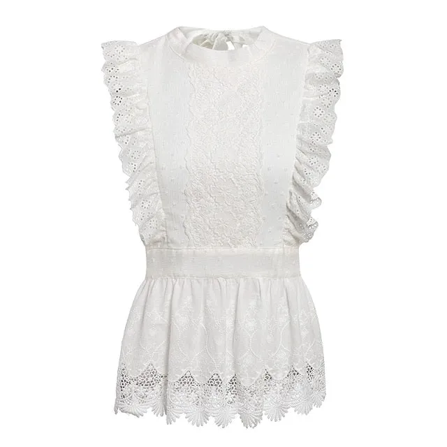 Backless Lace Embroidery Ruffled Hollow Out Summer Style White Top