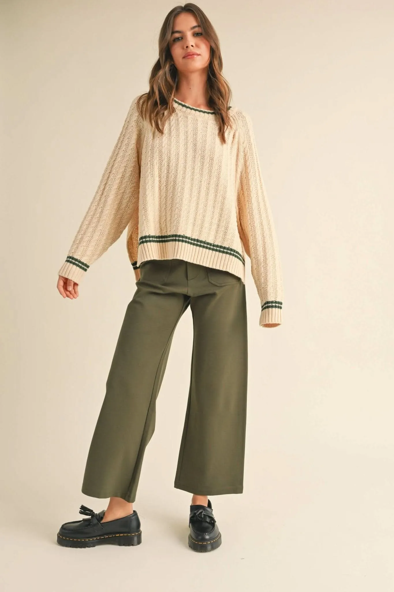 Beige   Green Cable Contrast Sweater