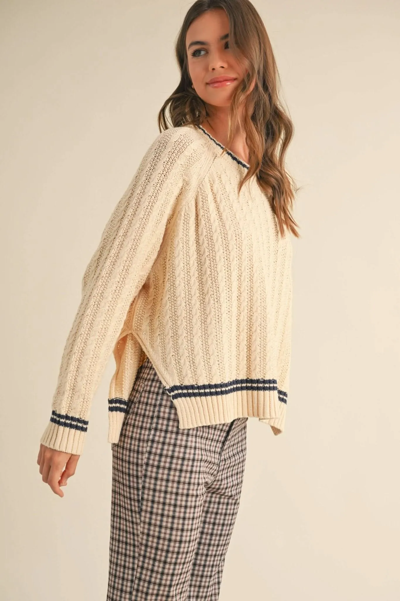 Beige   Green Cable Contrast Sweater