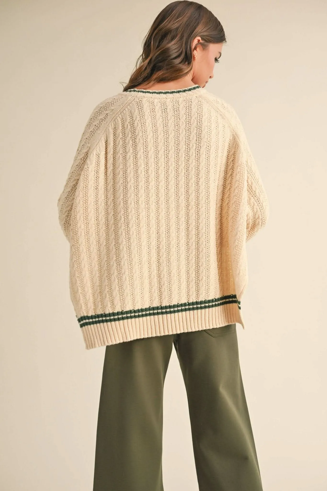 Beige   Green Cable Contrast Sweater