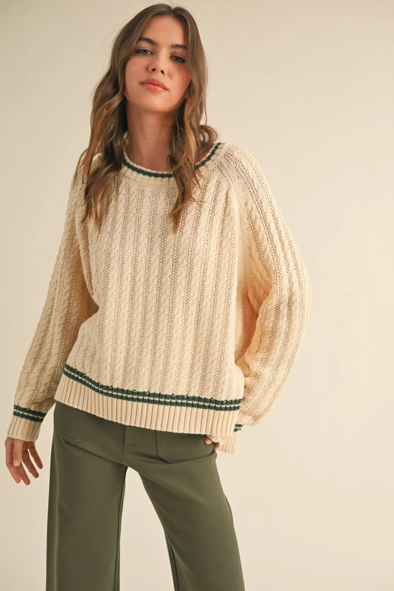 Beige   Green Cable Contrast Sweater