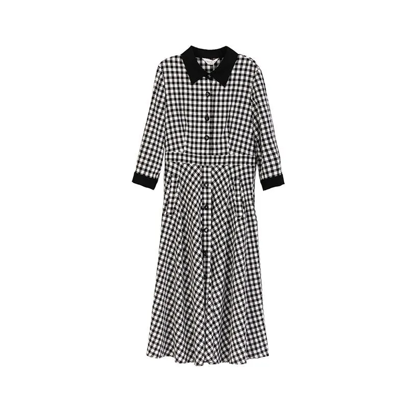 Black Checkered Waist Belted Midi Dresses