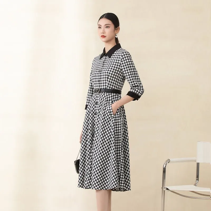 Black Checkered Waist Belted Midi Dresses