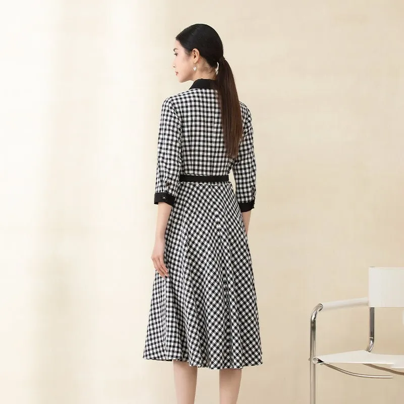 Black Checkered Waist Belted Midi Dresses