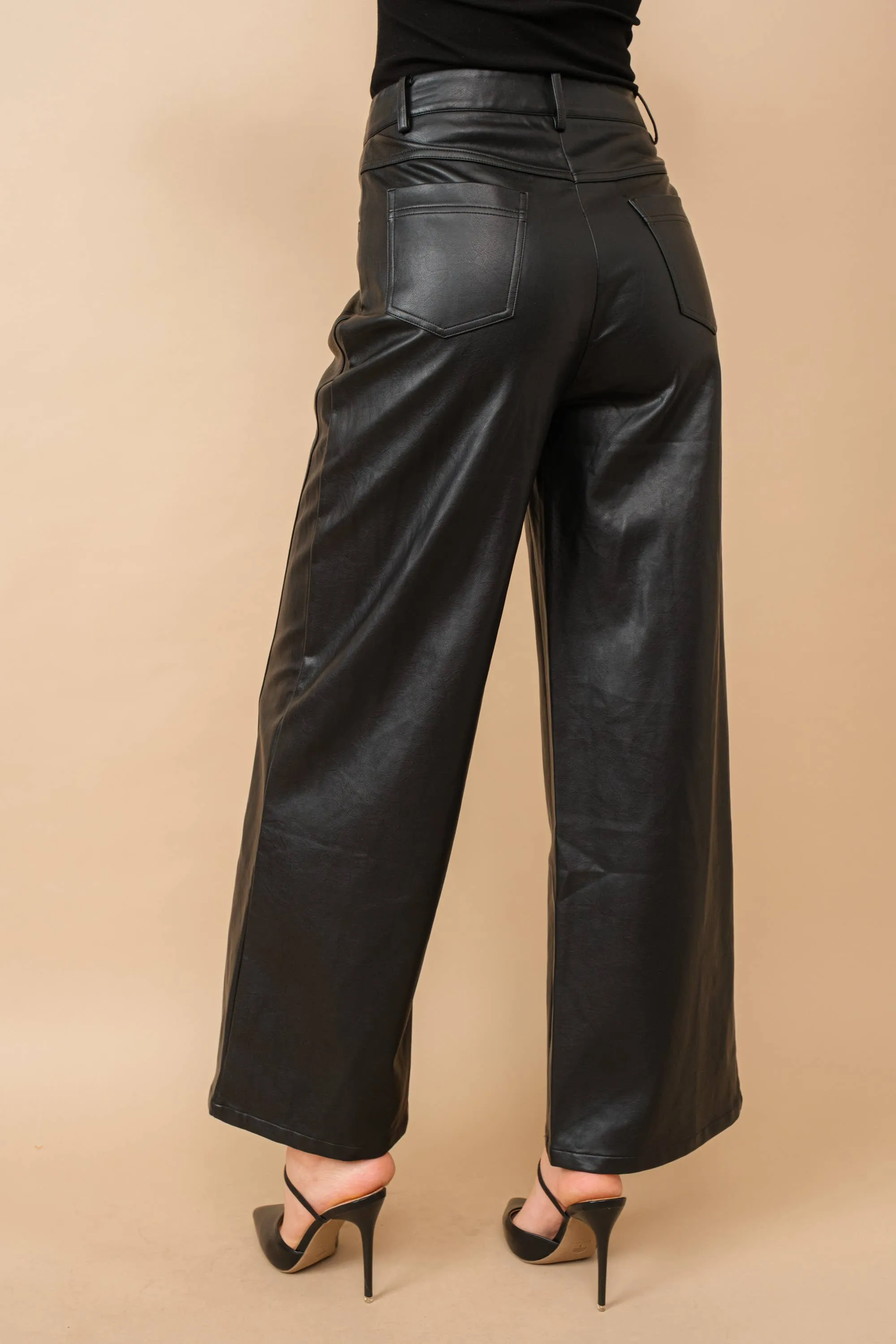 Black Patent Natural Wide Leg High Rise Leather Pants