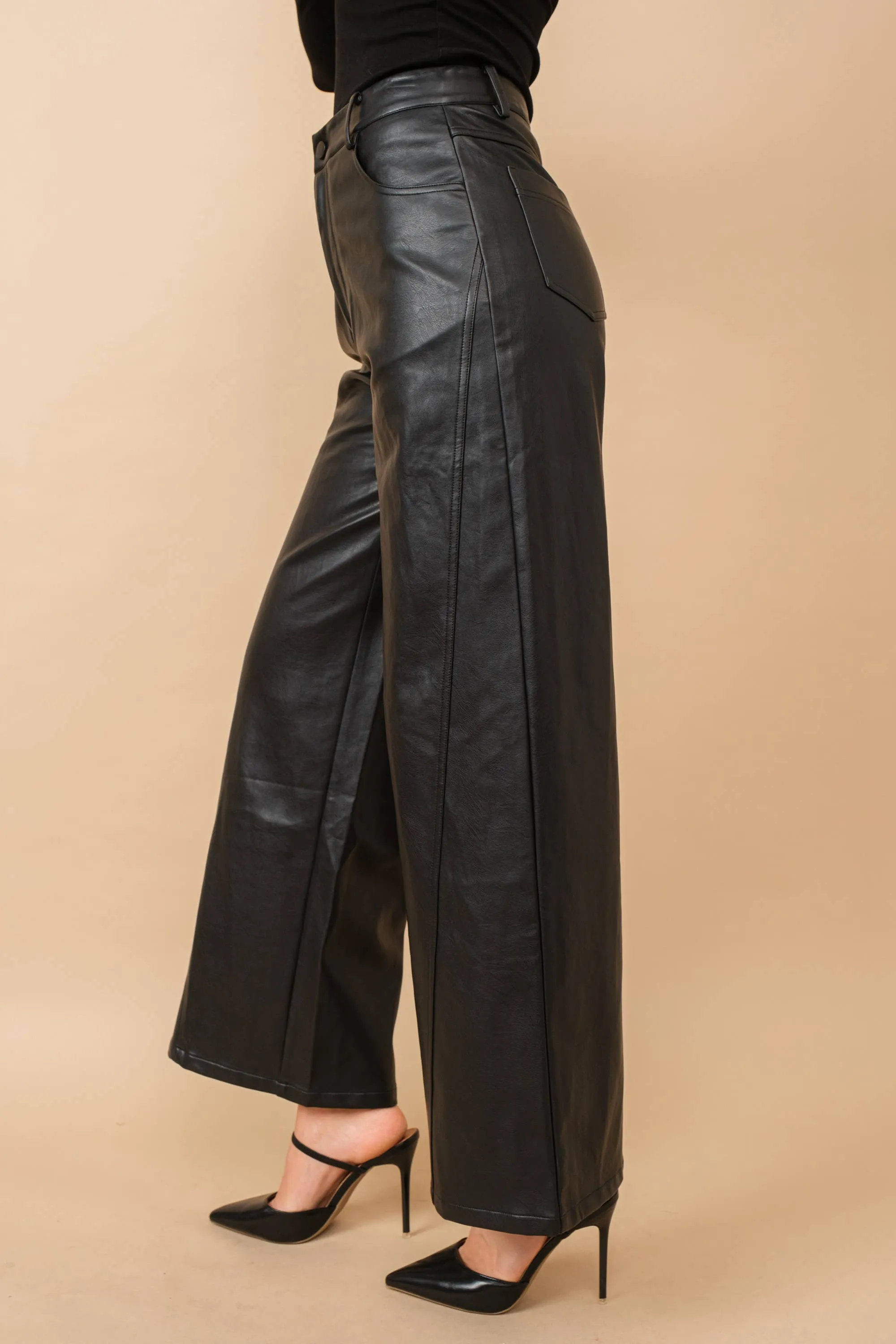 Black Patent Natural Wide Leg High Rise Leather Pants