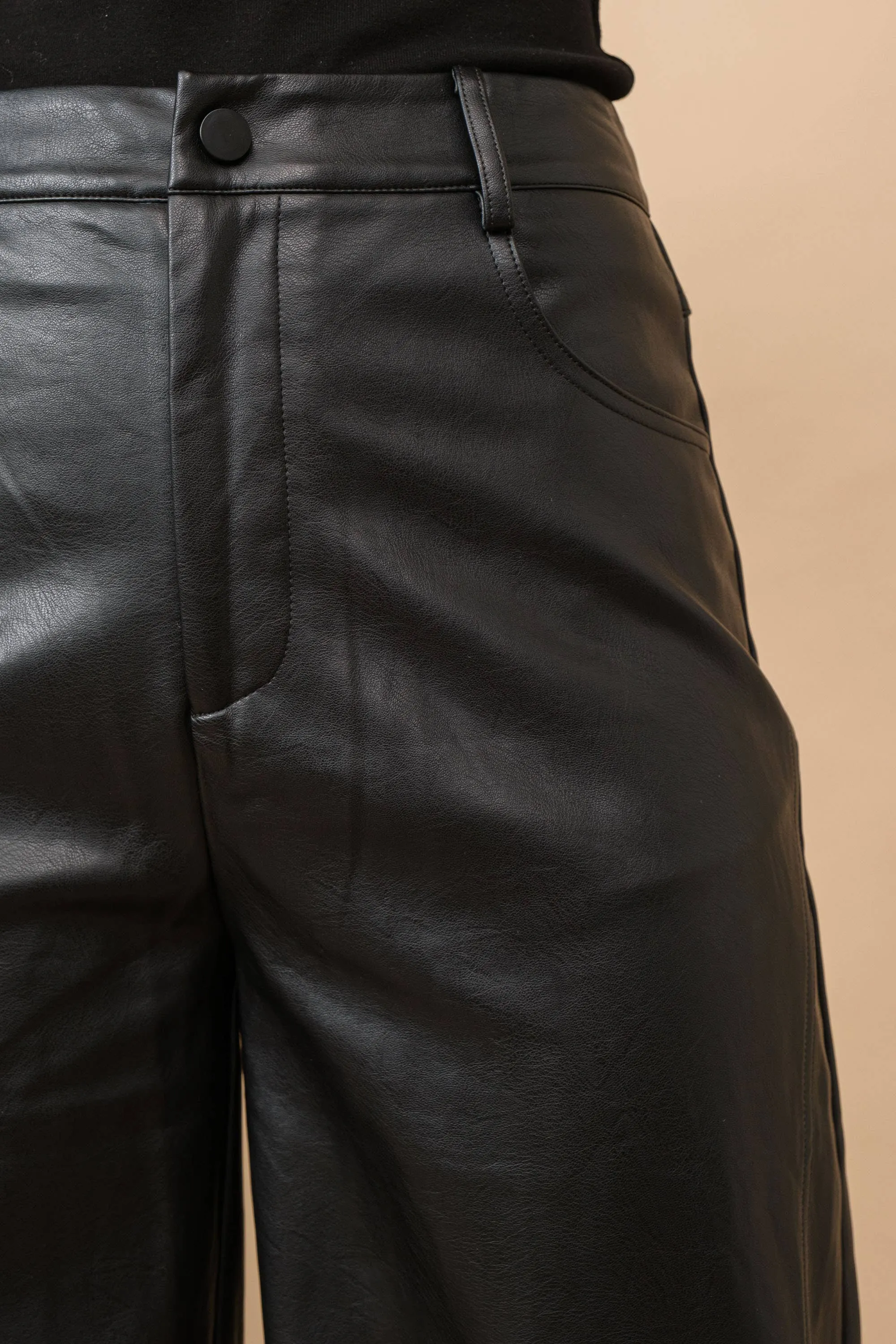 Black Patent Natural Wide Leg High Rise Leather Pants