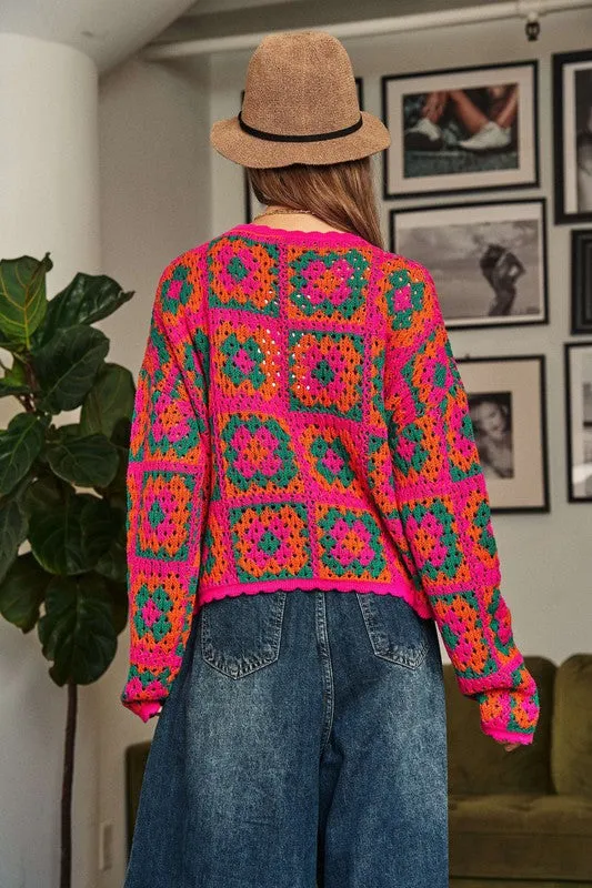 Bohemian Crochet Patchwork Round Neck Pullover Sweater Top