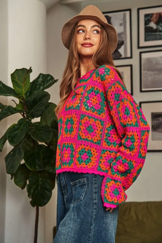 Bohemian Crochet Patchwork Round Neck Pullover Sweater Top