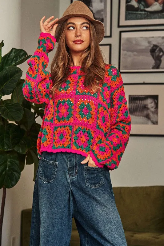 Bohemian Crochet Patchwork Round Neck Pullover Sweater Top