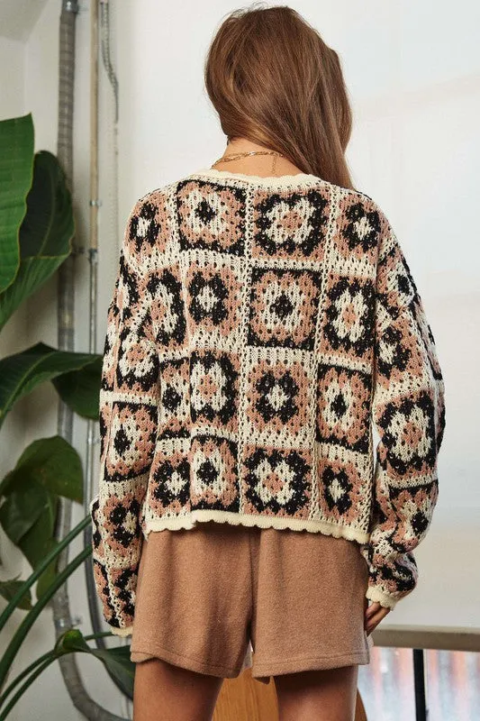 Bohemian Crochet Patchwork Round Neck Pullover Sweater Top