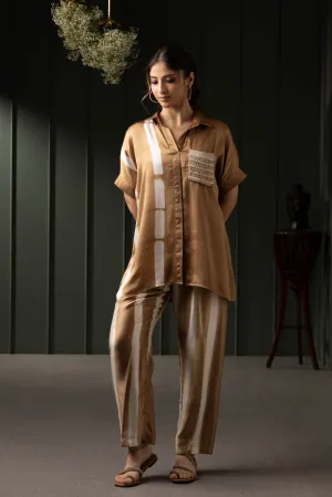 Brown Chic Stripes Printed Pure Satin Silk Co-Ord Set