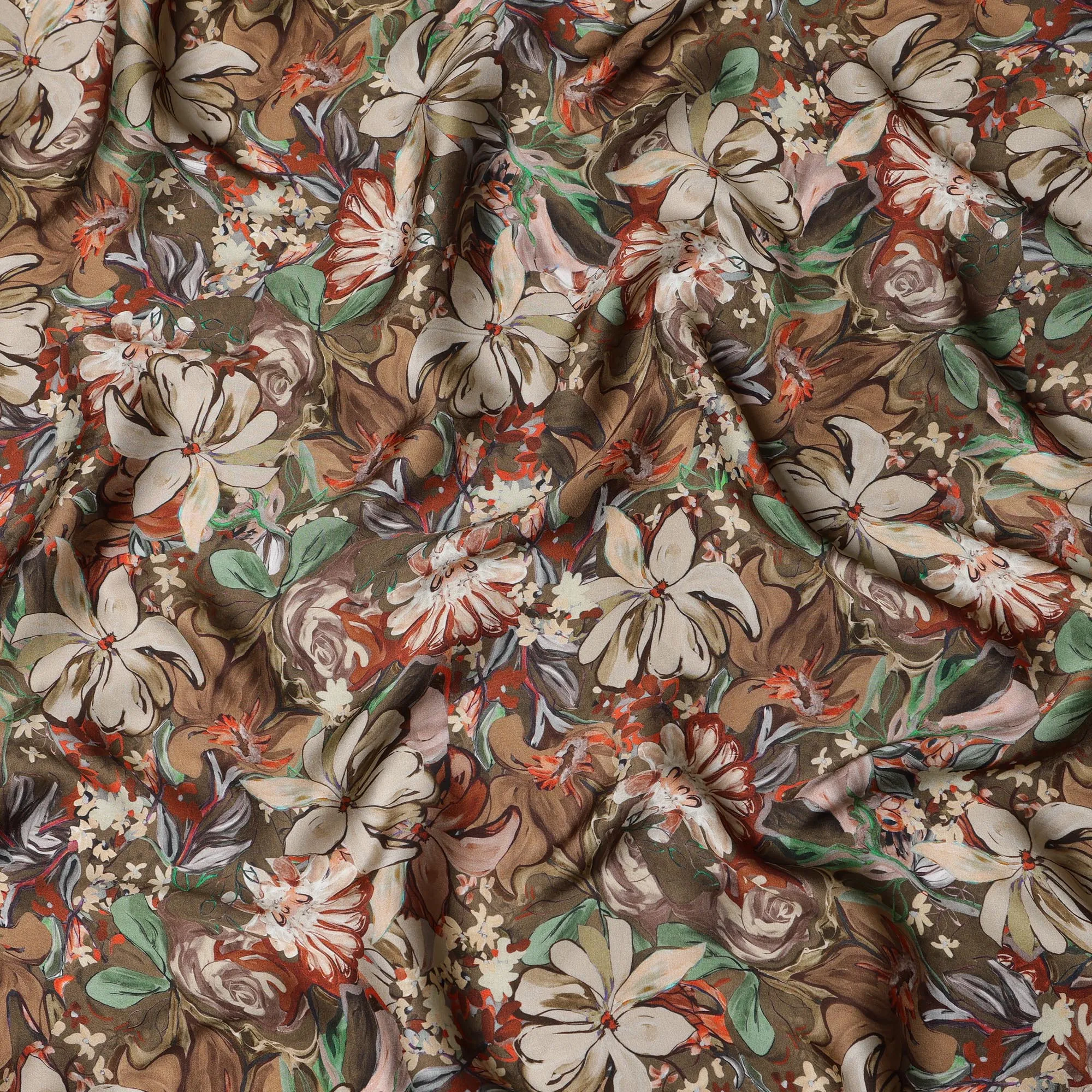 Brown Synthetic Modal Satin Fabric with Floral Print, 110 cm Width-D20959