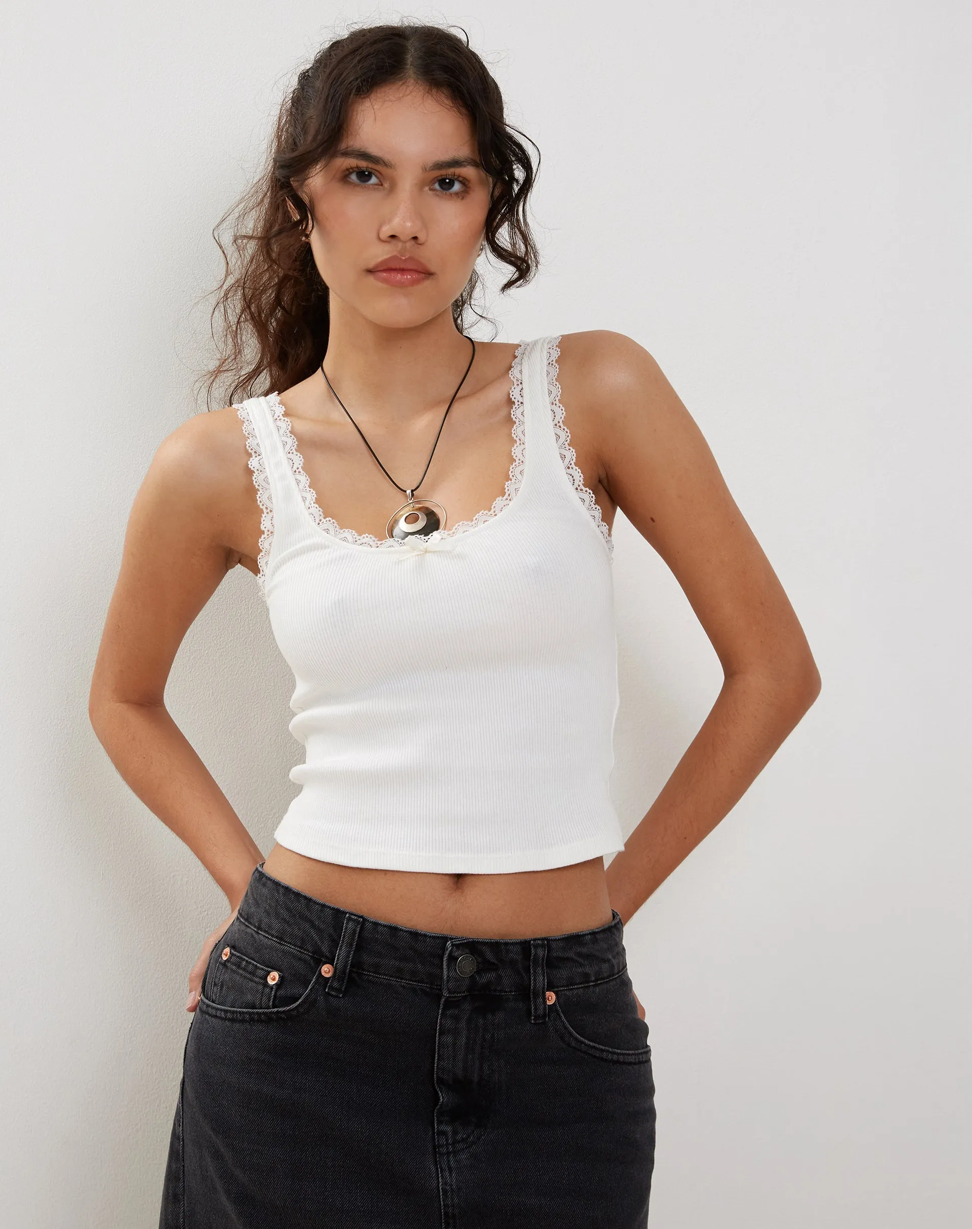 Carillo Lace Trim Vest Top in White