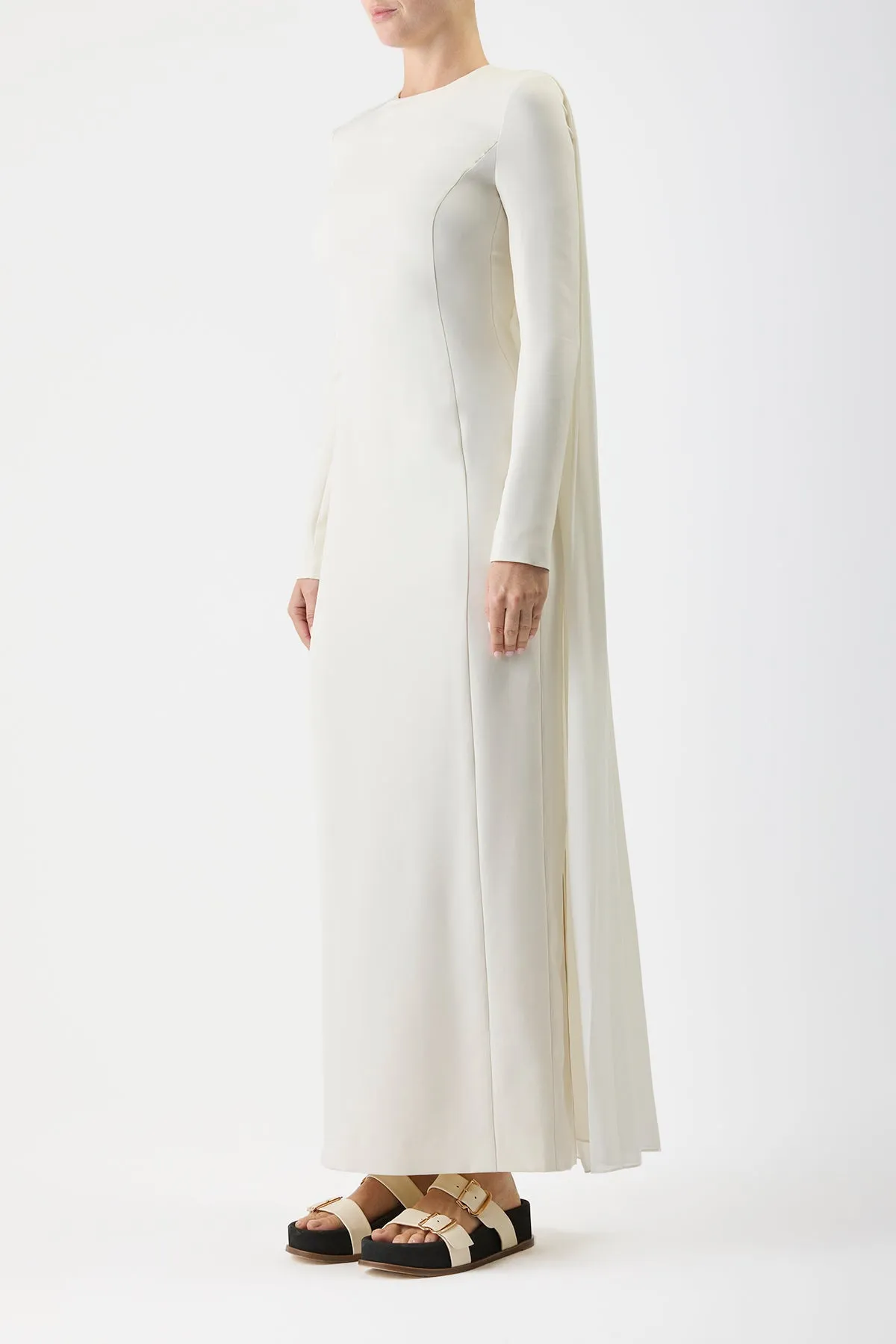 Carlota Draped Maxi Gown in Ivory Silk Wool Cady