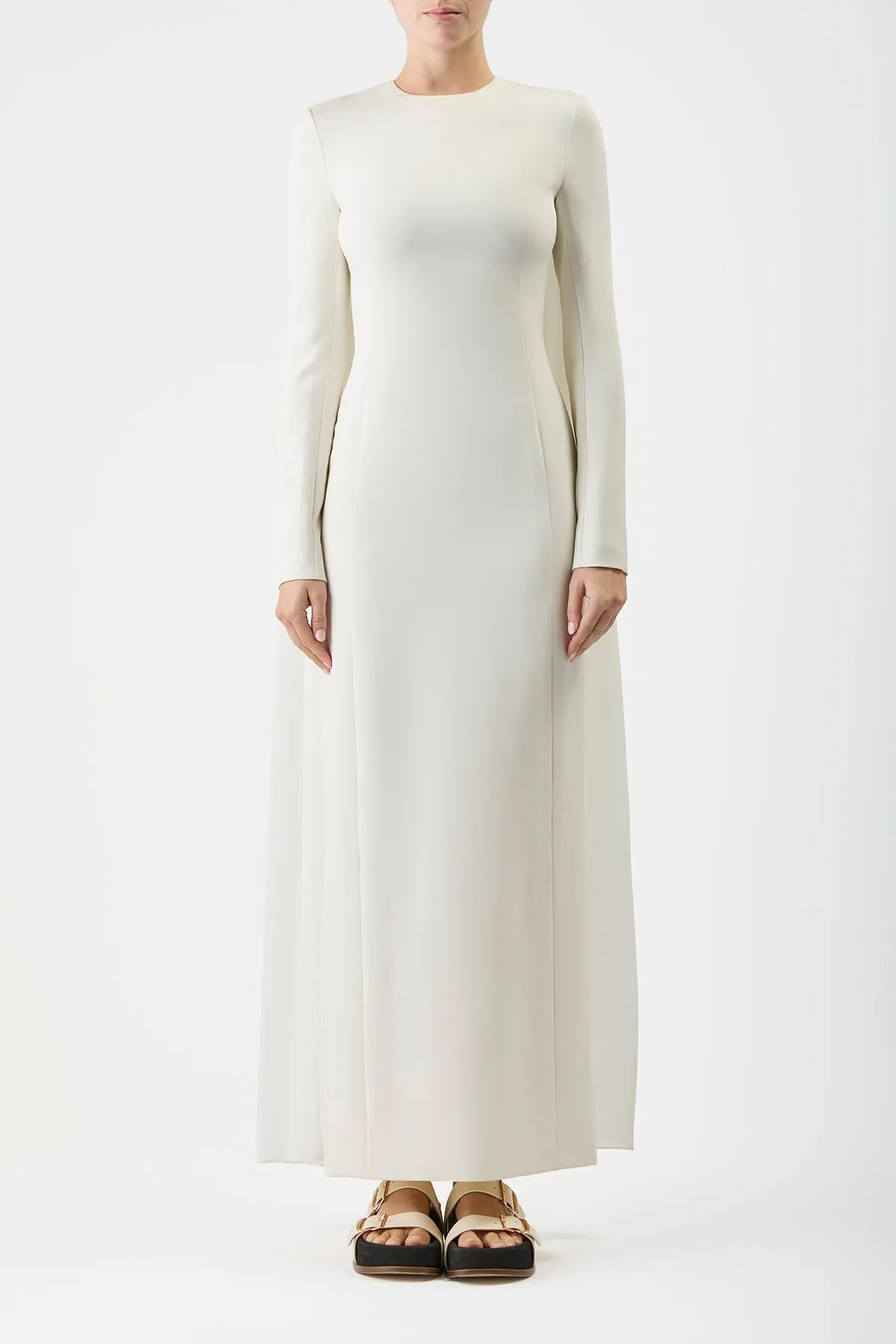 Carlota Draped Maxi Gown in Ivory Silk Wool Cady