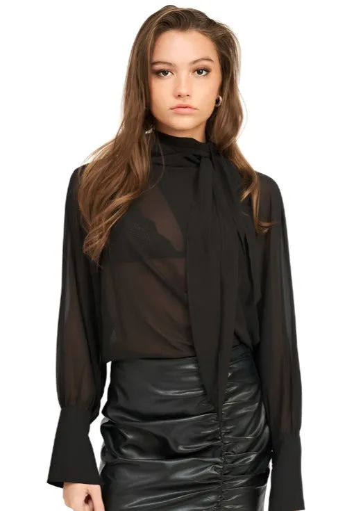 Contrassed Sheer Top With Scarf Detail