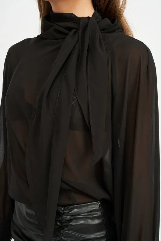 Contrassed Sheer Top With Scarf Detail