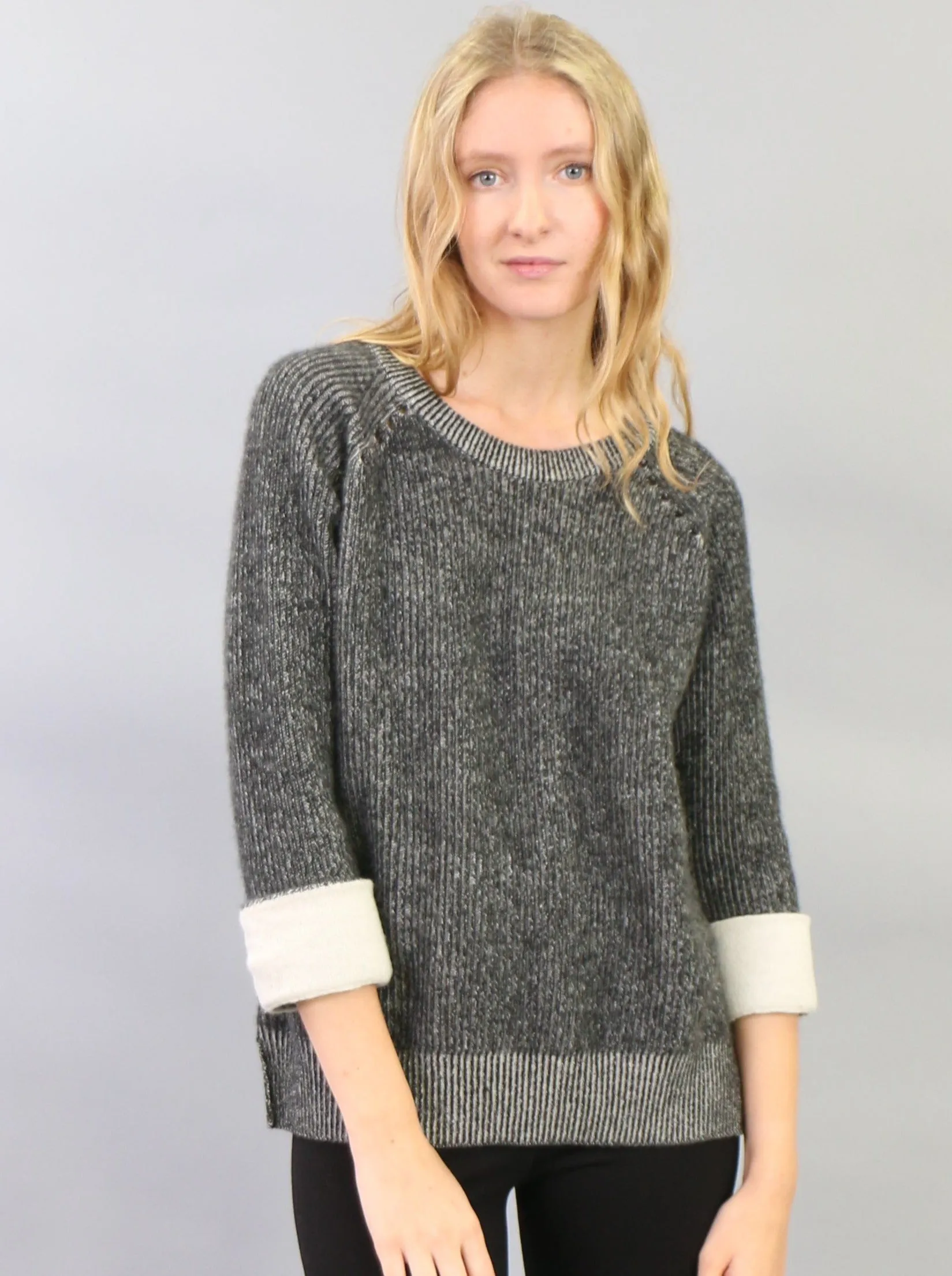 Contrast Roll-Over Cuff Crewneck Pullover