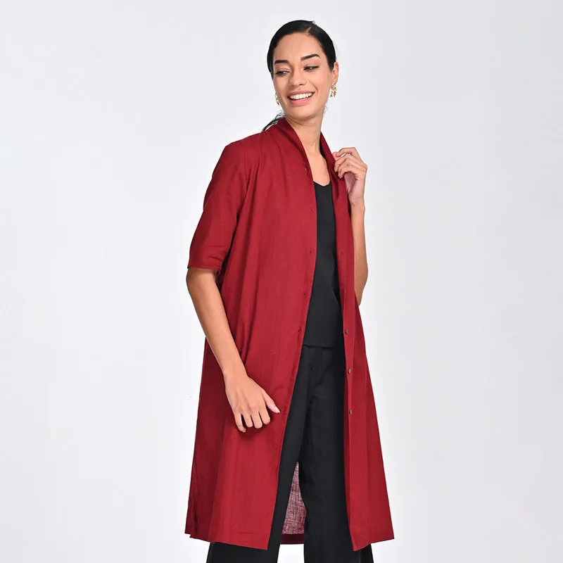 Cotton Shirt For Women | Draped Collar | Three-Quarter Sleeves | Red