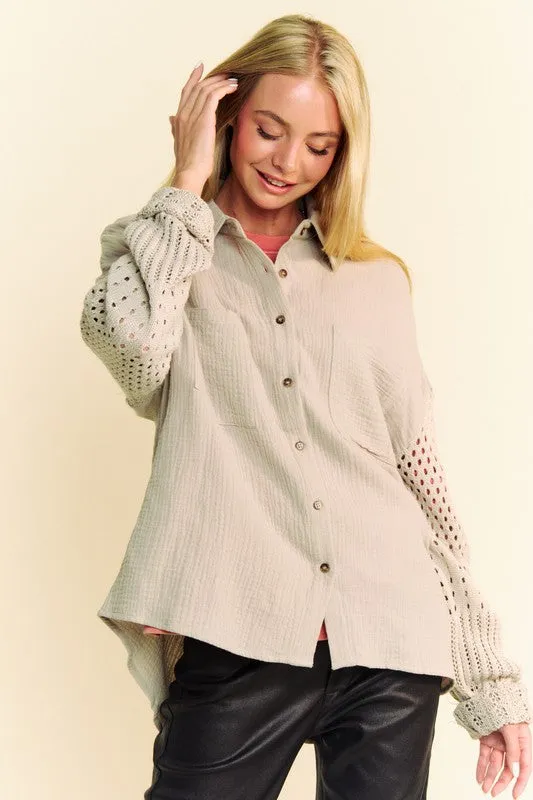 Crochet Sleeve Crinkled Texture Shirt