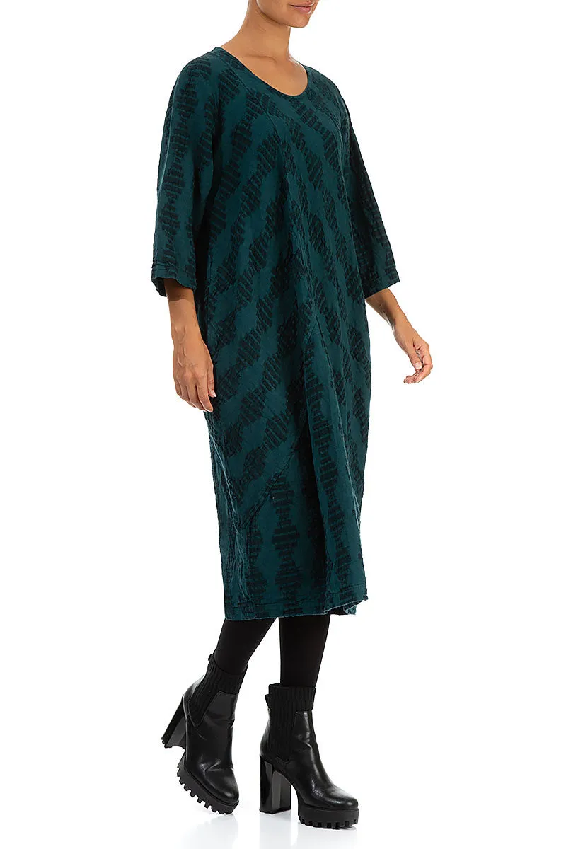 Diagonal Woven Textured Emerald Linen Dress