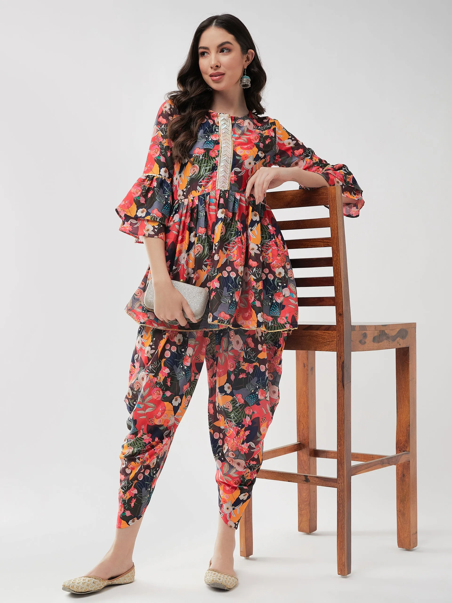 Digital Printed Short Empire-Cut Kurta With Lace Details And Dhoti Pant Set