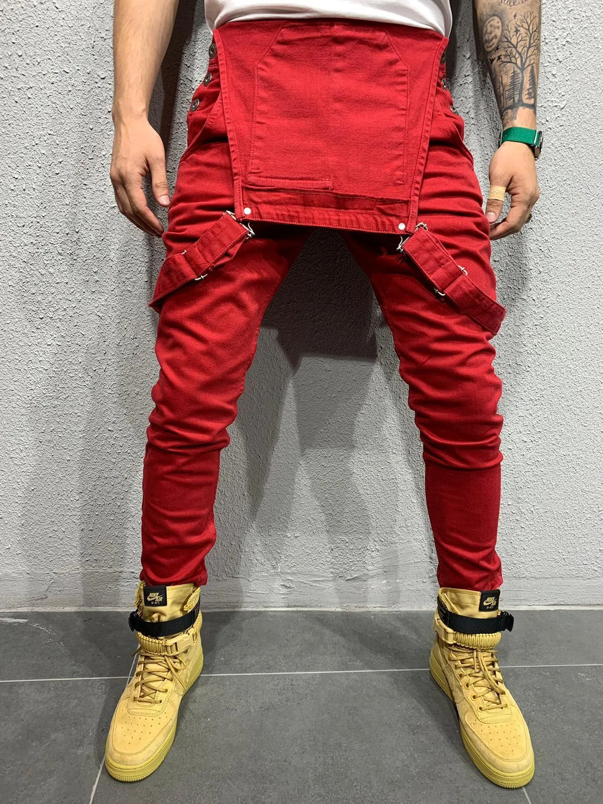 Distressed Denim Bib Overall - Red