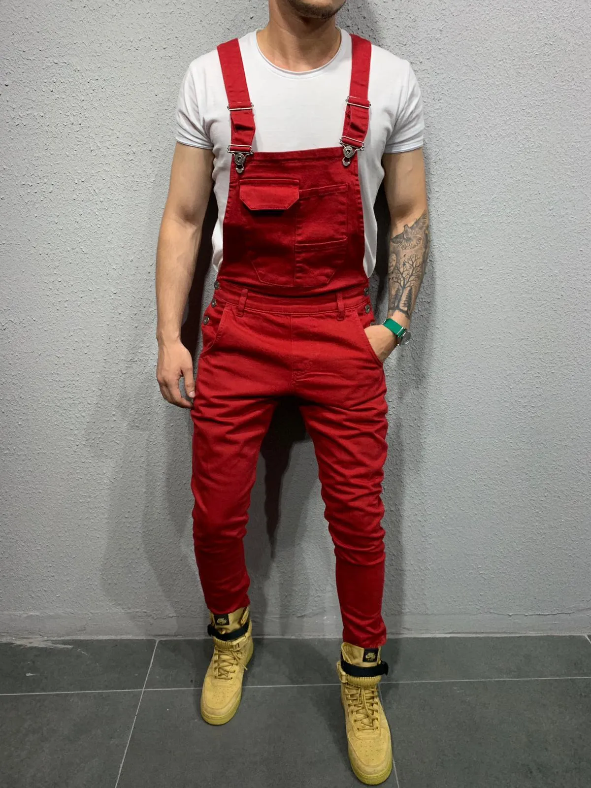 Distressed Denim Bib Overall - Red