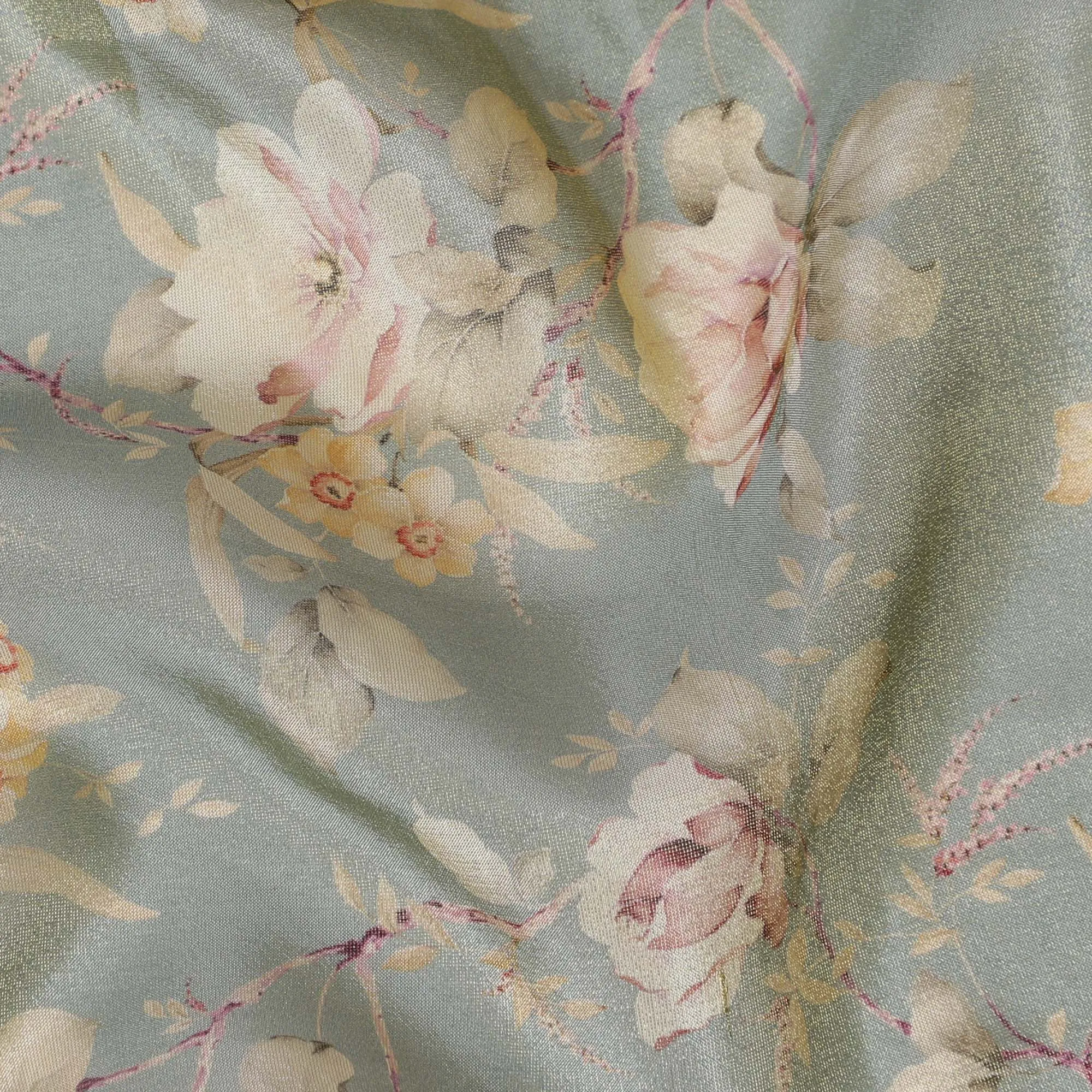 Ethereal Seafoam Organza Fabric - Delicate Blush Florals, 110cm Width, Whisper-Light Elegance-D18950