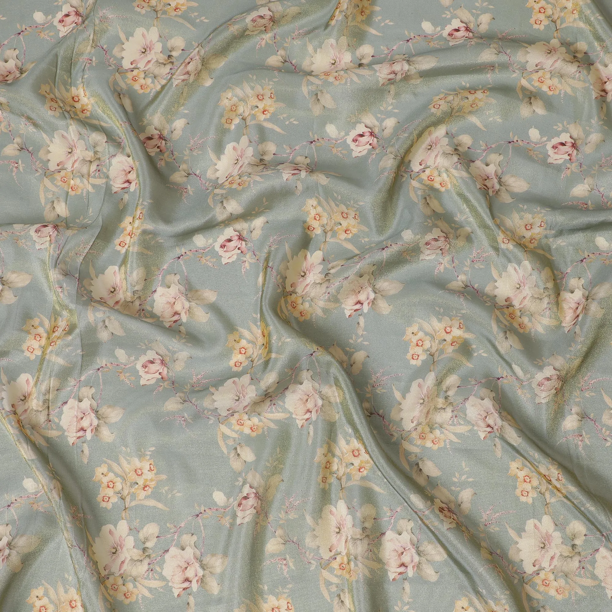 Ethereal Seafoam Organza Fabric - Delicate Blush Florals, 110cm Width, Whisper-Light Elegance-D18950