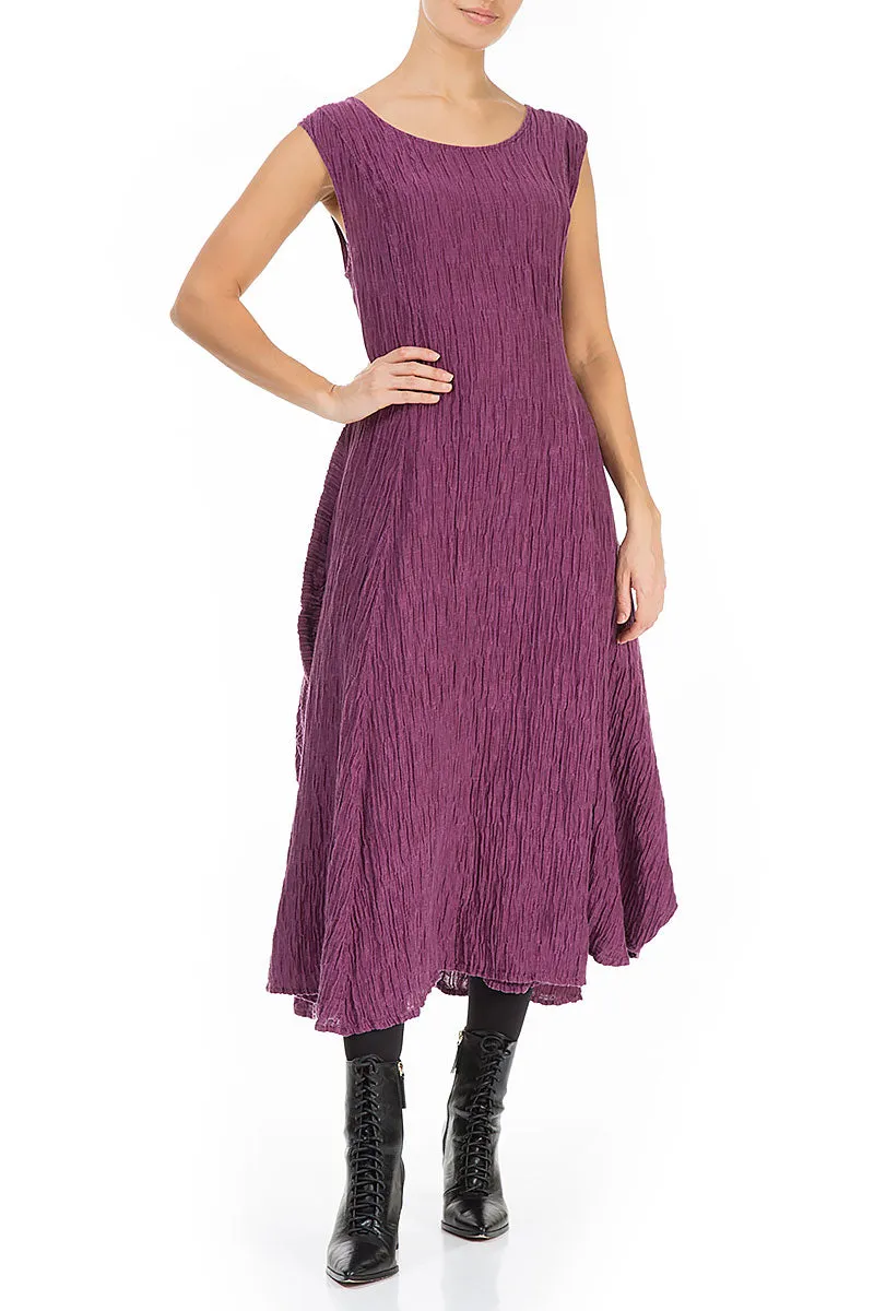 Flared Sleeveless Crinkled Magenta Silk Dress