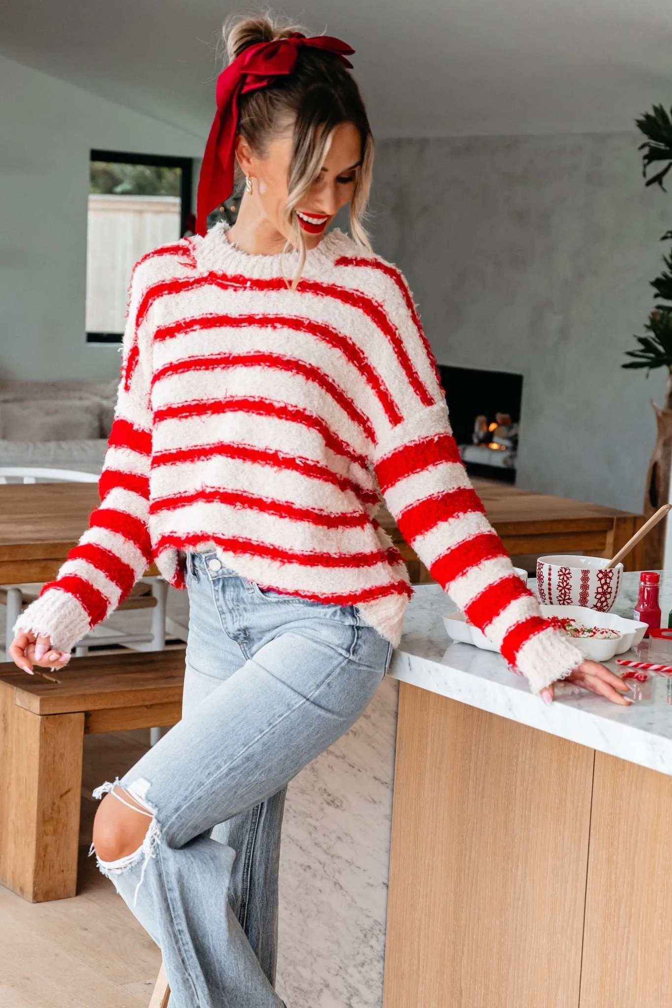 Fuzzy Red Striped Pullover Sweater