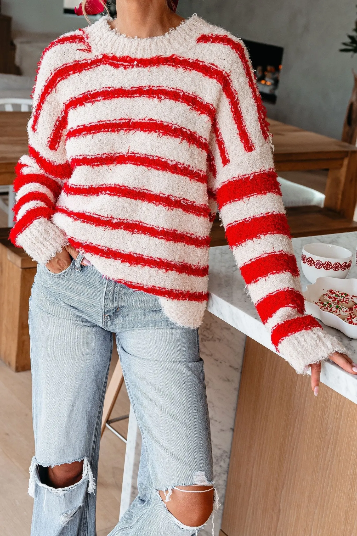 Fuzzy Red Striped Pullover Sweater