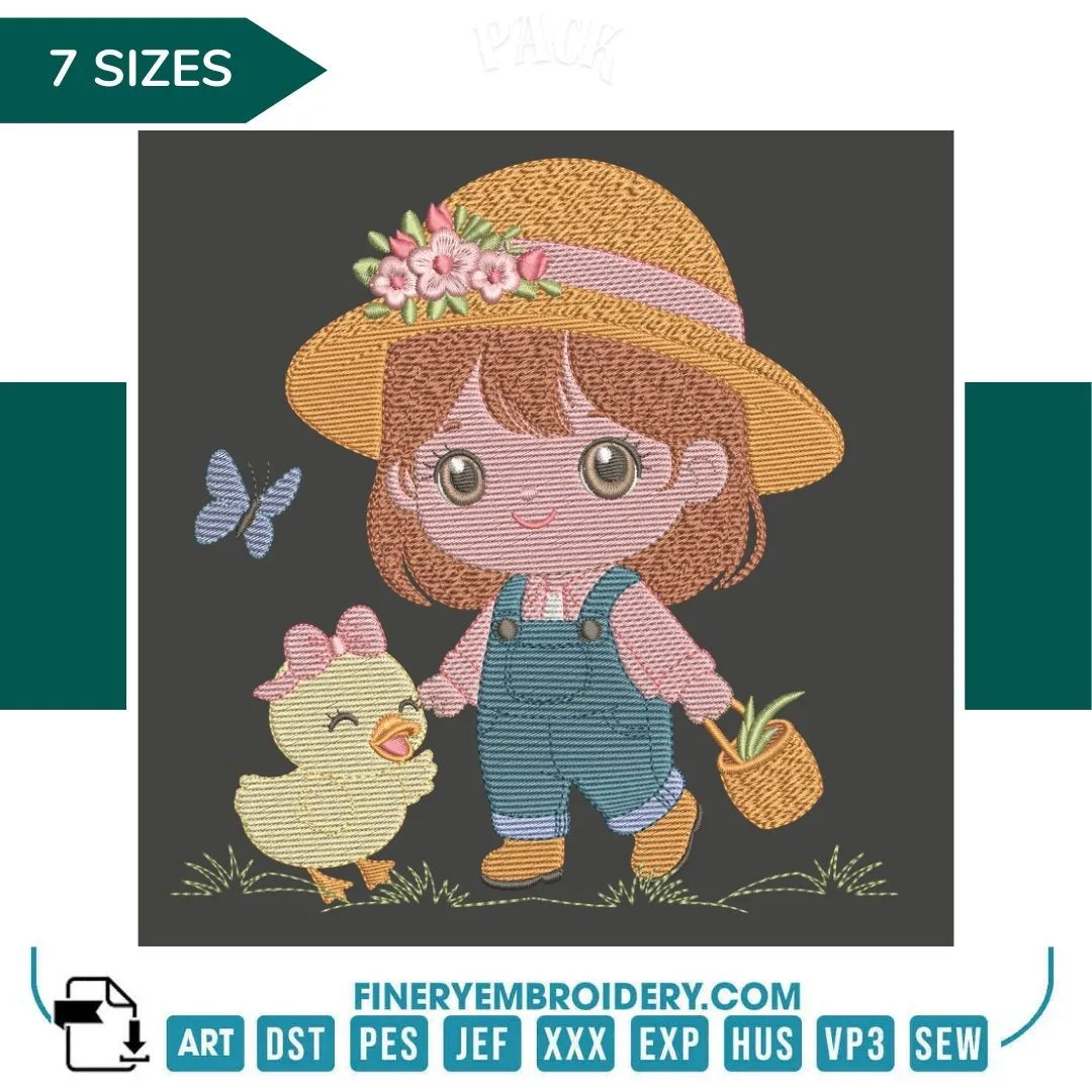 Girl with Duck Embroidery Design | FineryEmbroidery