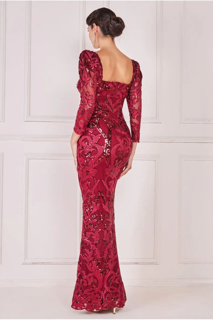 Goddiva Square Neck Scalloped Lace Maxi - Wine