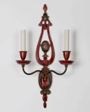 Hand Painted Red Chinoiserie Sconces by E. F. Caldwell