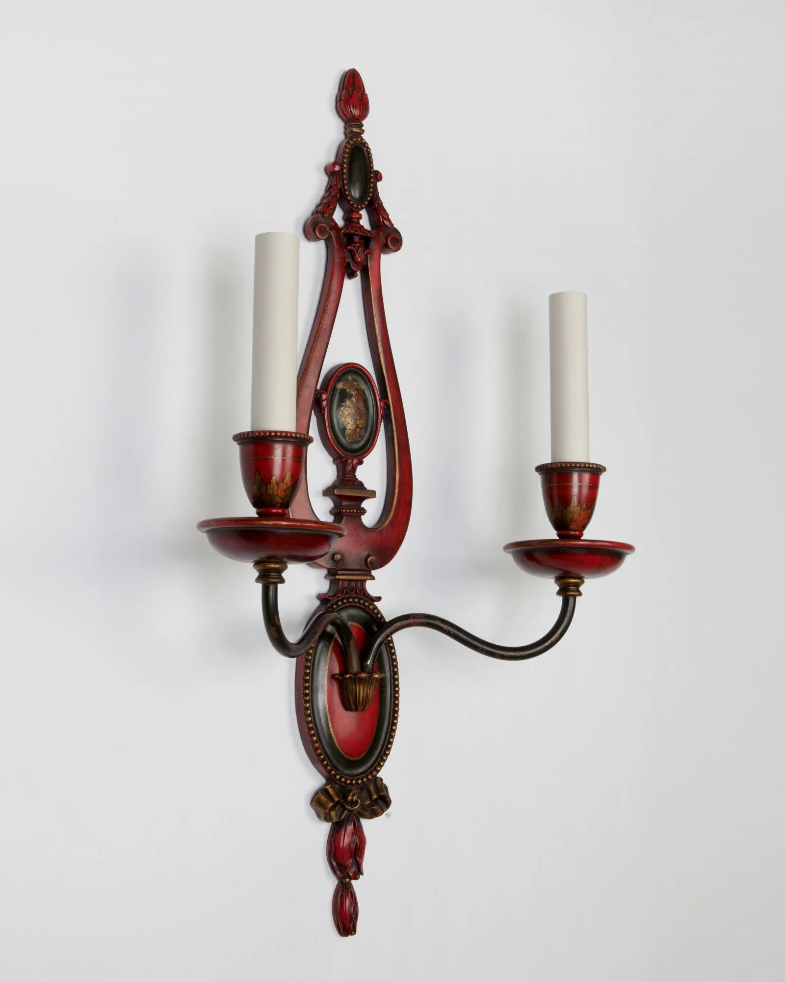 Hand Painted Red Chinoiserie Sconces by E. F. Caldwell