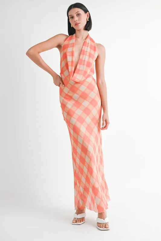 Hot Girl Gingham Glow Open Back Halter Satin Maxi Dress