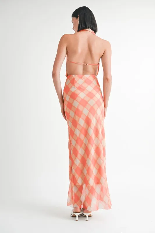 Hot Girl Gingham Glow Open Back Halter Satin Maxi Dress