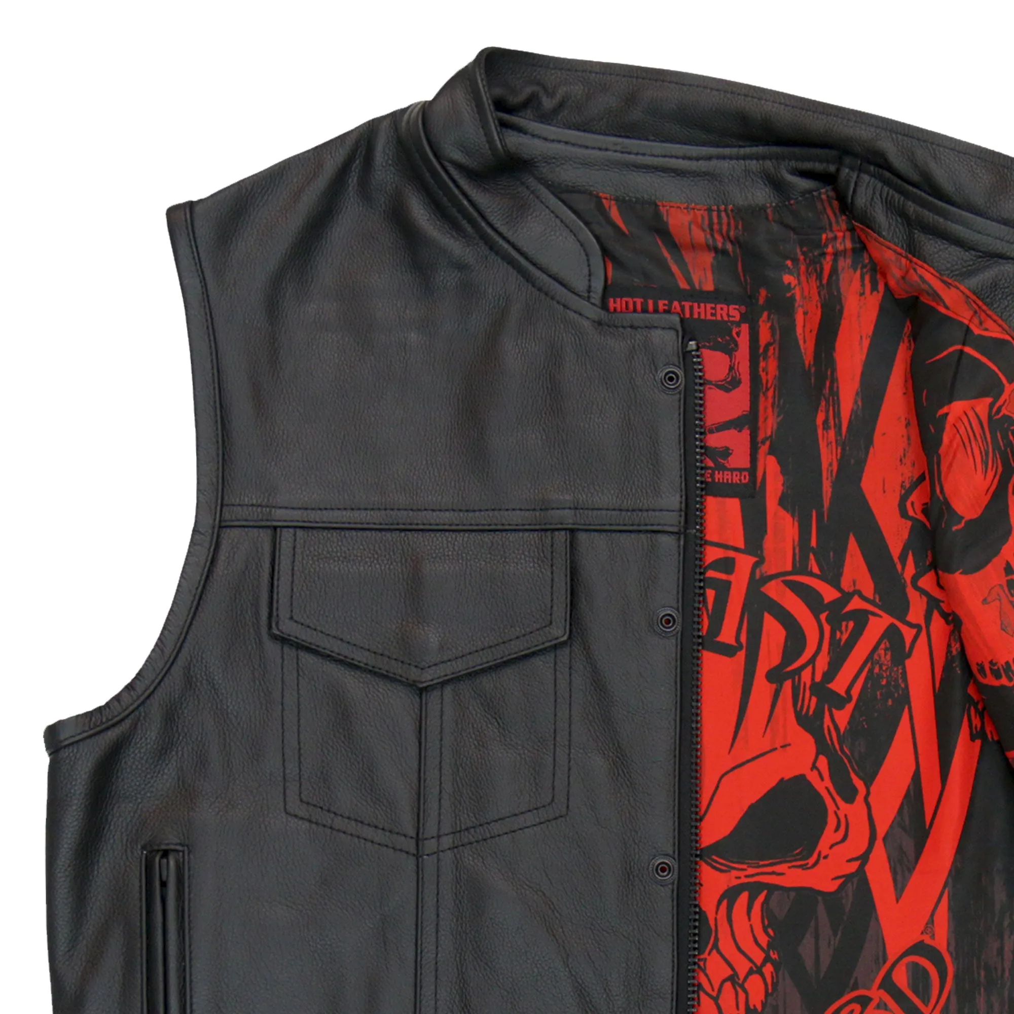 Hot Leathers VSM1055 Men’s Black 'Over The Top Skull' Motorcycle Club Style Conceal and Carry Leather Biker Vest