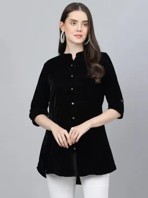 Jashvi Black Solid Velvet A-line Shirts Style Top