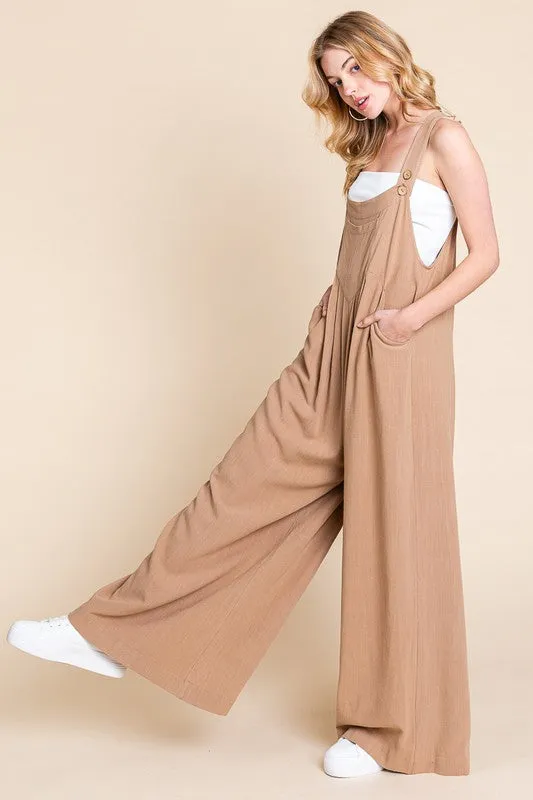 Latte Wide Leg Washed Linen Overalls Jumpsuit