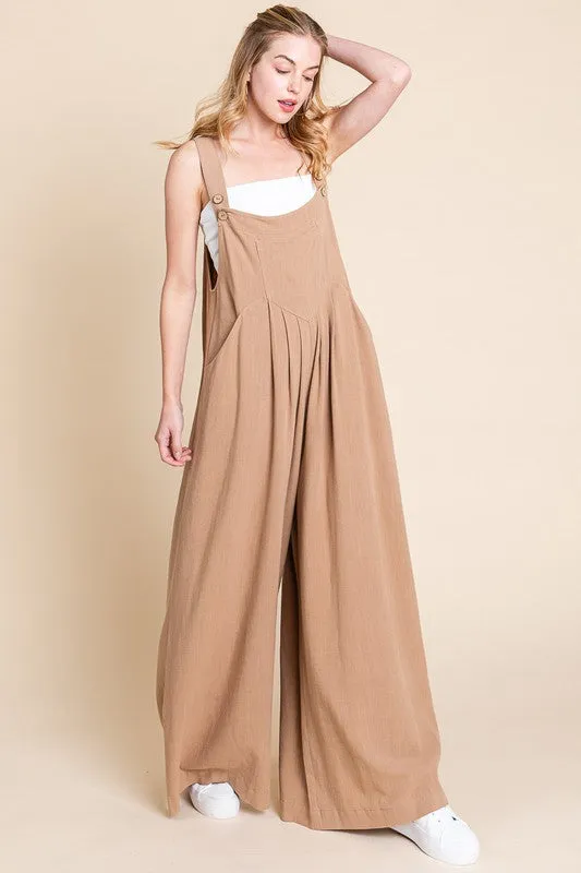 Latte Wide Leg Washed Linen Overalls Jumpsuit