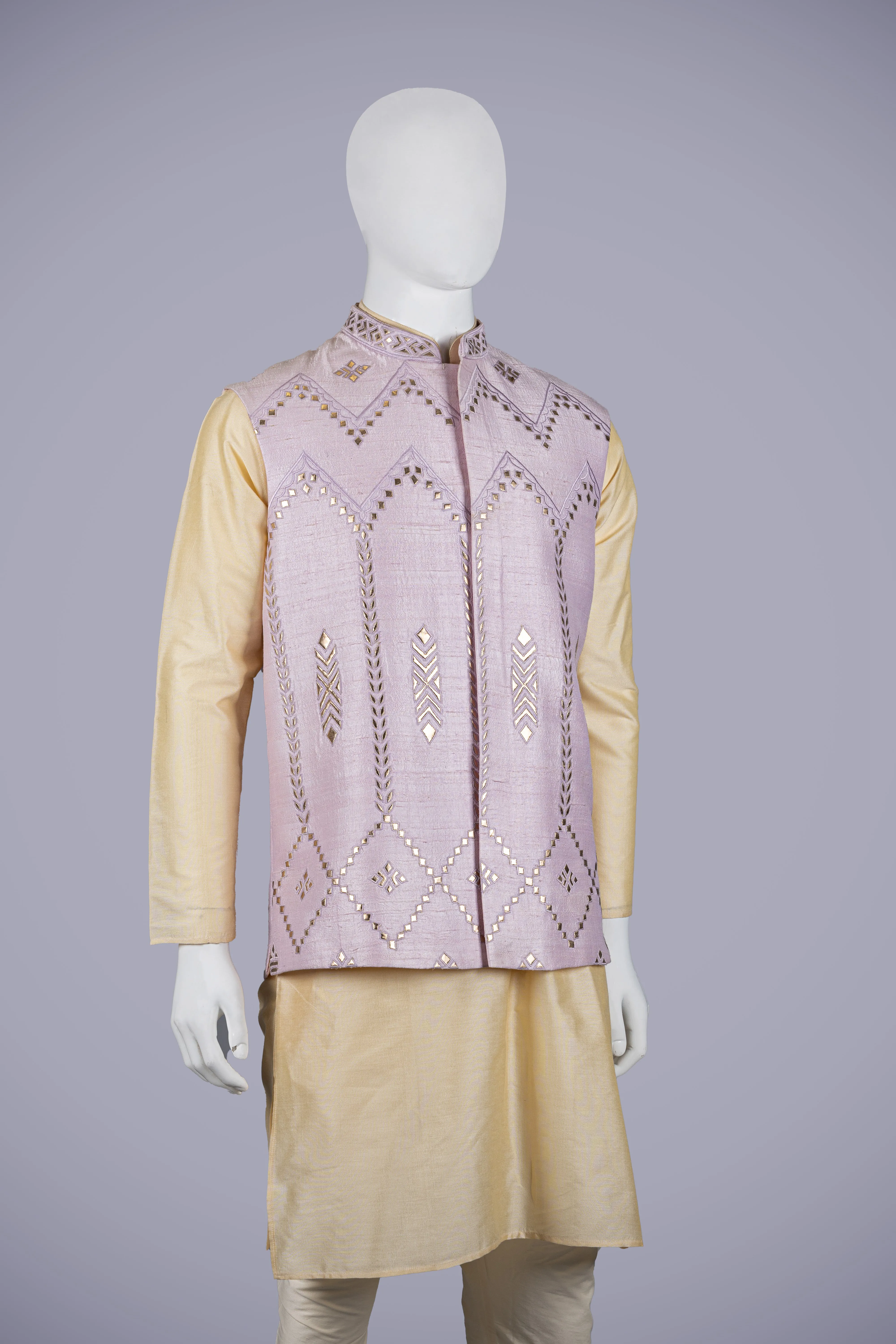 Lavender Nehru Jacket Set with Lether Work