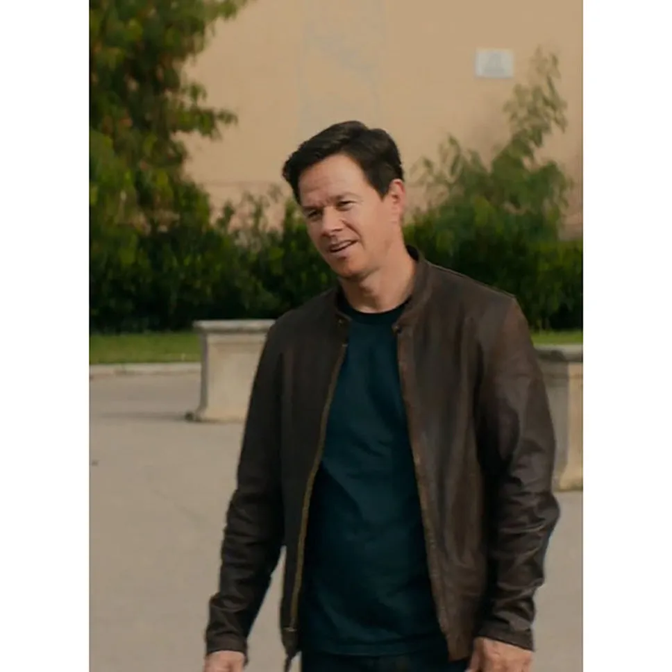 Mark Wahlberg Genuine Leather Biker Jacket Brown